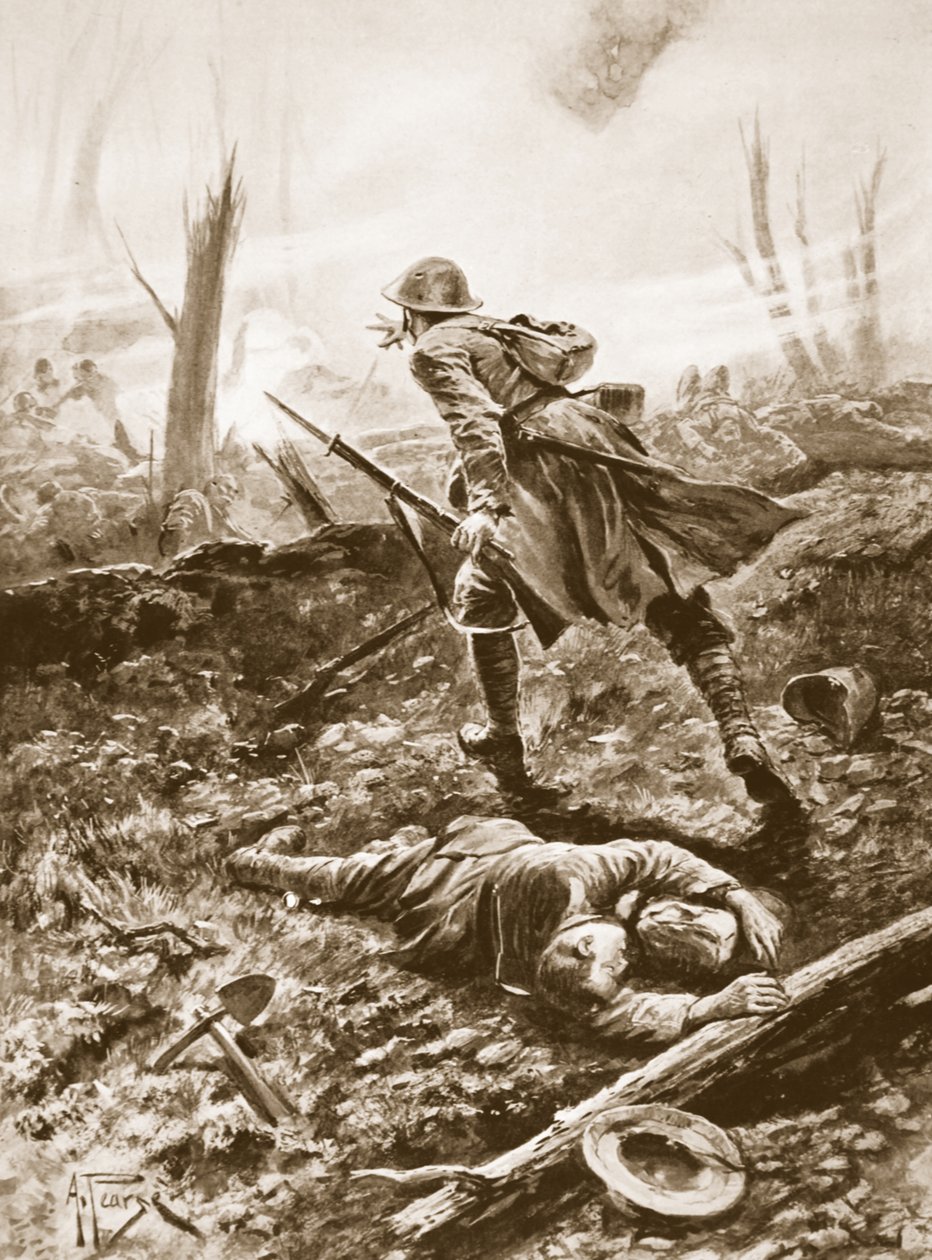 Vojín T.G. Turrall střeží zraněného důstojníka a drží se na zemi uprostřed palby z kulometů a bomb od Alfred Pearse