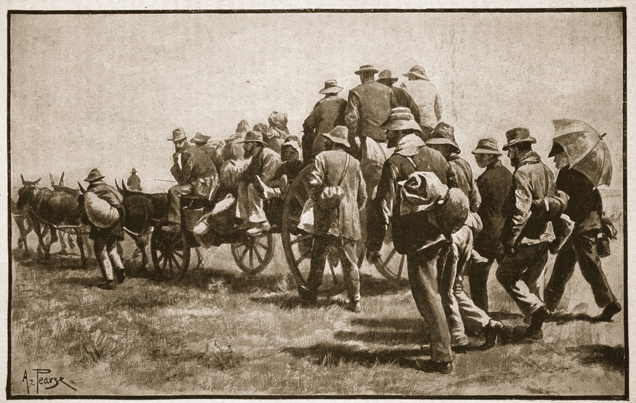 Někteří z Cronjeho spoluvězňů na cestě na mys, ilustrace z „Bitvy devatenáctého století, sv. VI: Búrská válka 1899-1900