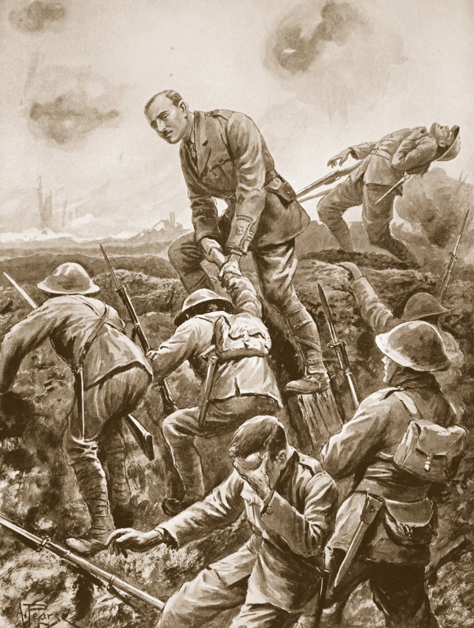 Dočasný major S.W. Loudoun-Shand pomáhá mužům přes zábradlí, zatímco je vystaven velmi prudké kulometné palbě od Alfred Pearse