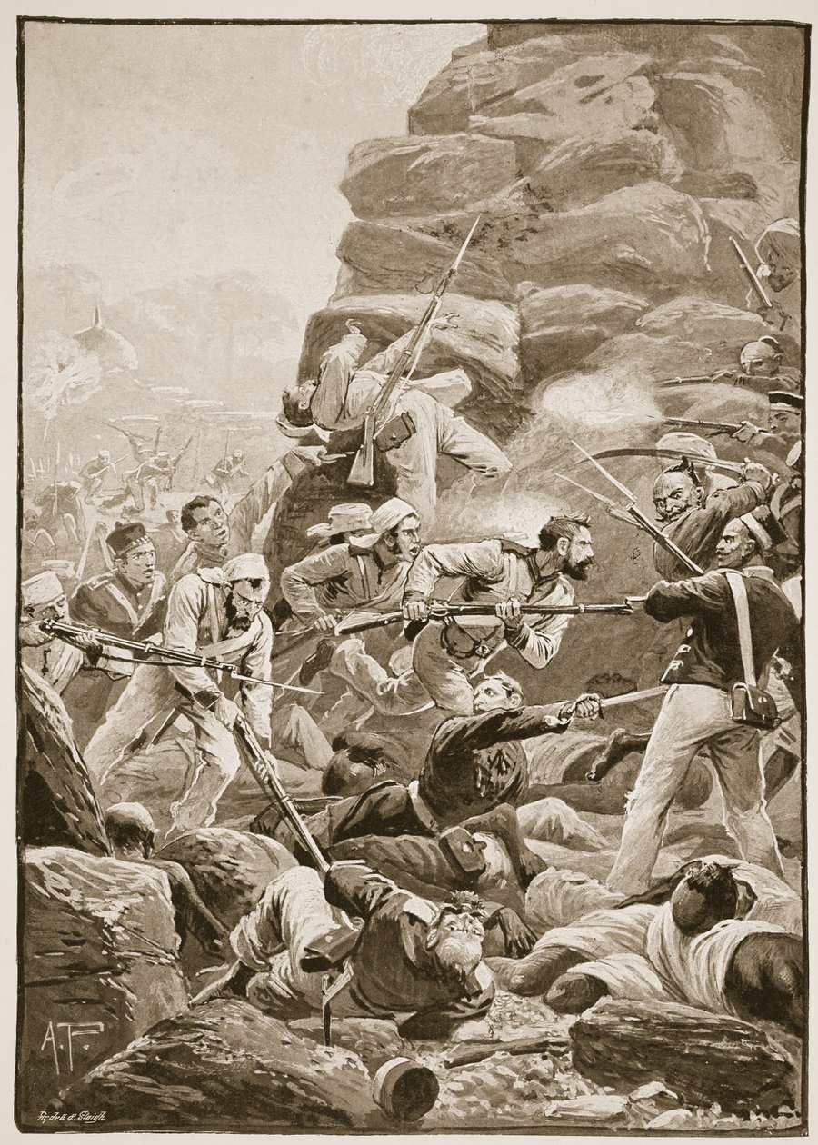 „The Stormers se vrhli přes trosky průlomu“, ilustrace z „Bitvy devatenáctého století“ od Archibalda Forbese, G.A. Henty a major Arthur Griffiths od Alfred Pearse