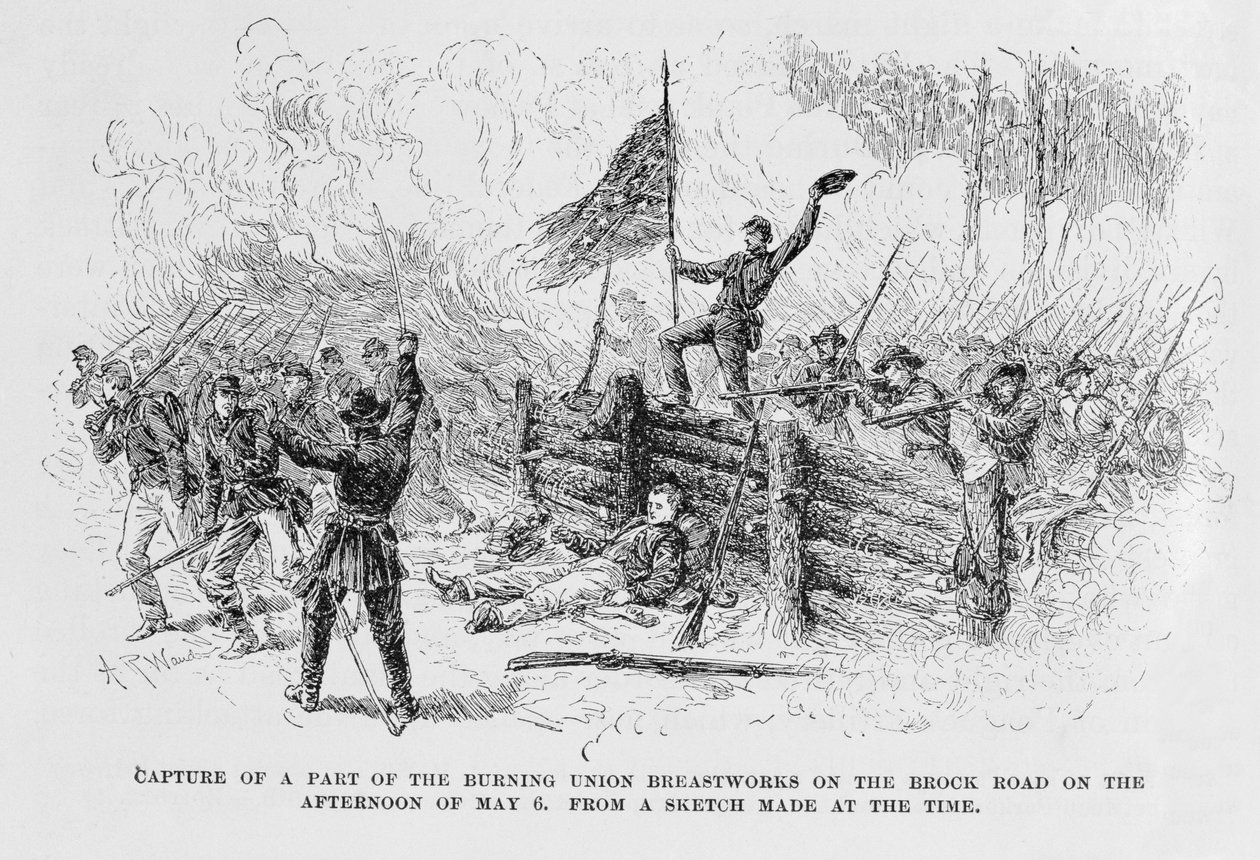 Zachycení části hořících unionistických opevnění na Brock Road odpoledne 6. května, ilustrace z knihy "Battles and Leaders of the Civil War", kterou vydali Robert Underwood Johnson a Clare od Alfred Rudolph Waud