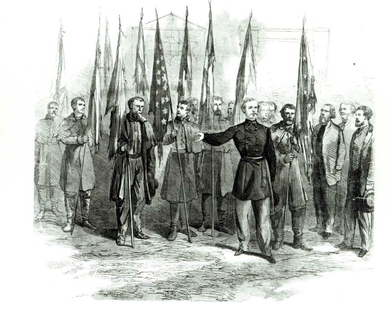 Generál Custer předává 23. října 1864 ve Washingtonu ukořistěné konfederační vlajky. od Alfred Rudolph Waud