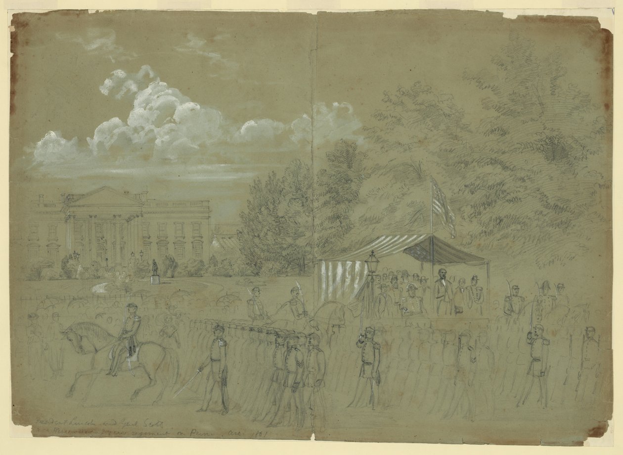 Prezident Lincoln a Genl. Scott Přezkoumává 3letý pluk na Penn Ave.1861 od Alfred Rudolph Waud