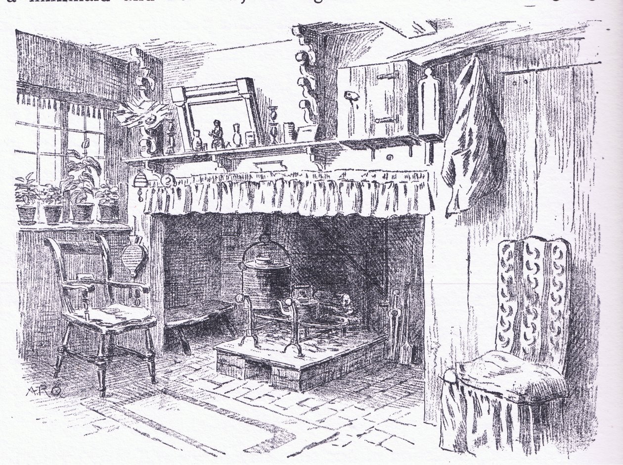 Interiér chaty v Surrey, z The Cottages and the Village Life of Rural England vydané nakladatelstvím Dent & Sons Limited, 1912 od Alfred Robert Quinton