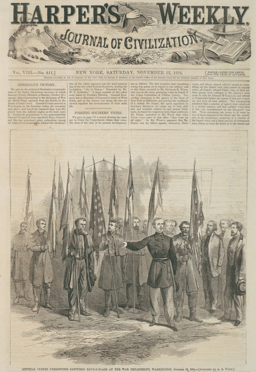Generál Custer předává ukořistěné bojové zástavy na ministerstvu války ve Washingtonu, titulní strana Harper