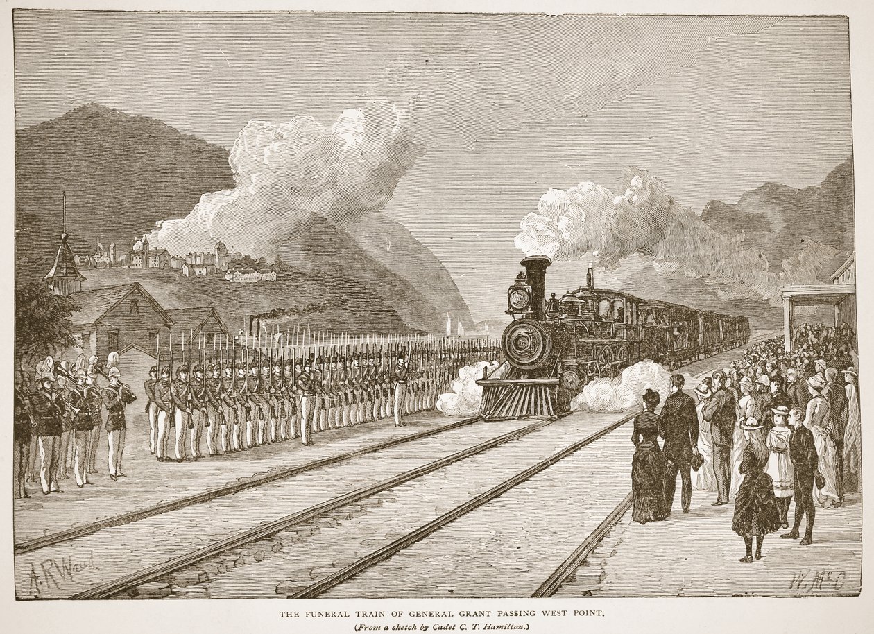 Pohřební vlak generála Granta projíždějící West Pointem z knižní hospody. 1896 od Alfred Rudolph Waud