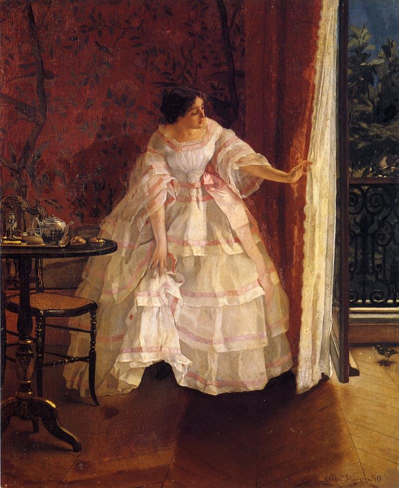 Dáma u okna krmící ptáky od Alfred Emile Stevens