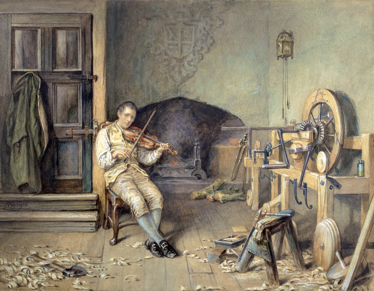 Samuel Crompton (1753-1827) Vynalézání svého Spinning Mezka, 1895 od Alfred Walter Bayes