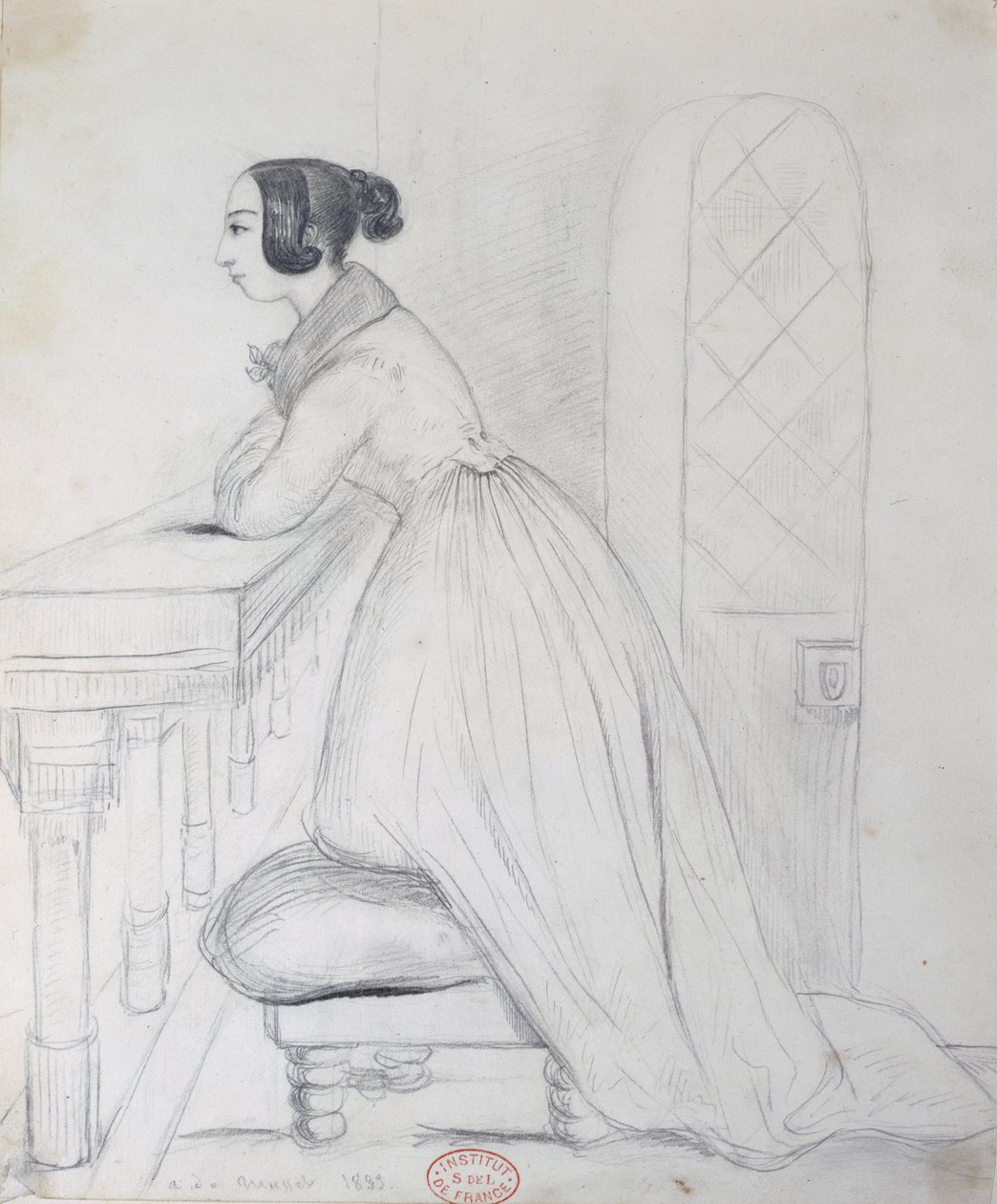 George Sandová (1804-76) klečící na tašce a s lokty na balustrádě, 1833 od Alfred de Musset