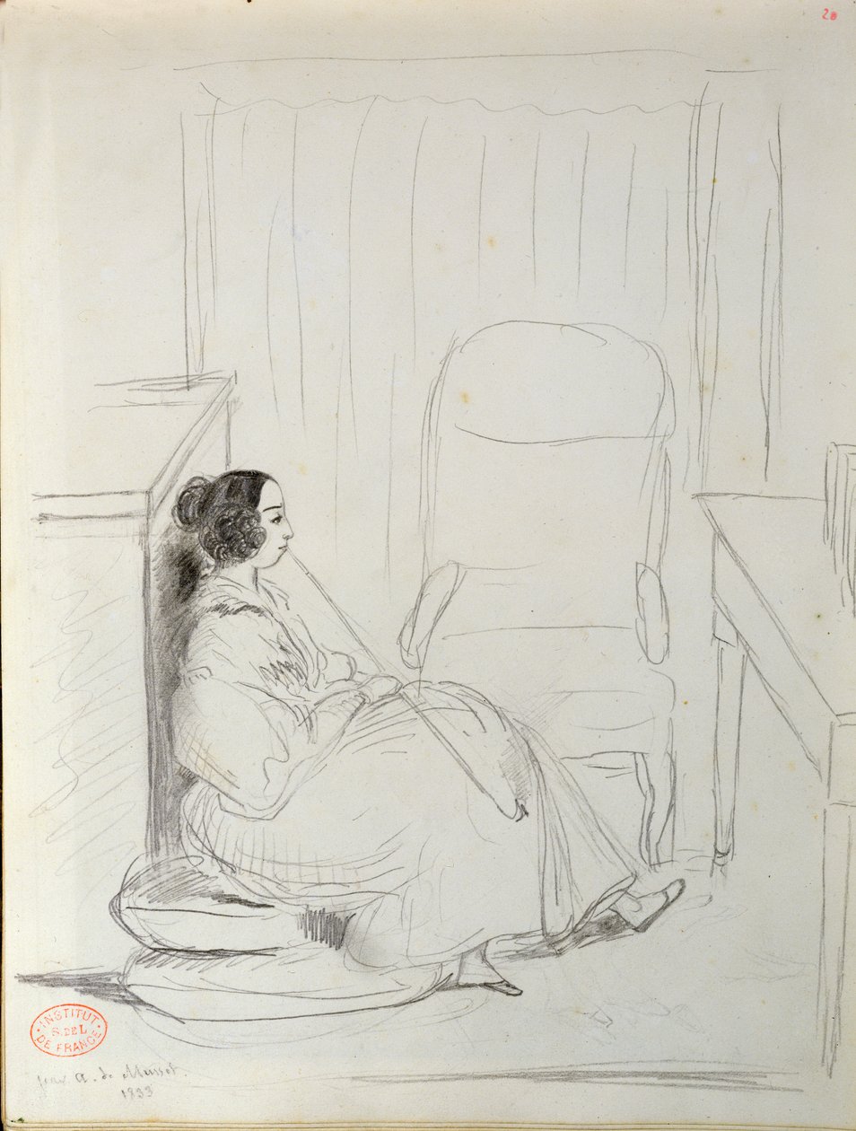 George Sand (1804-76) seděl a kouřil dýmku, 1833 od Alfred de Musset