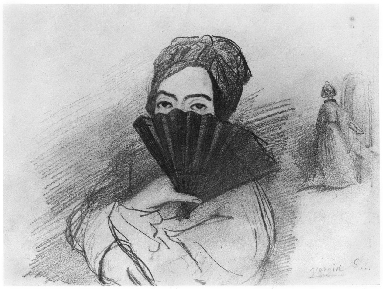 Portrét George Sandové (1804-76) za jejím ventilátorem od Alfred de Musset