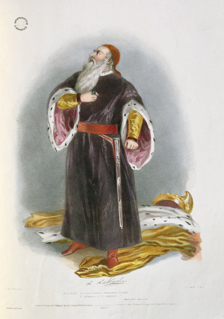 Luigi Lablache (1794-1858) jako Faliero v Marino Faliero, ze „Vzpomínky na italskou operu“, vyryl Richard James Lane (1800-72) 1836 od Alfred-Edward Chalon