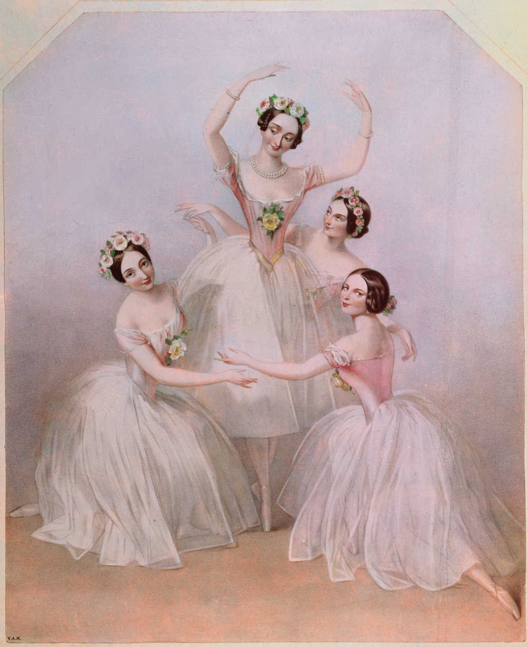 „Pas de Quatre“: Carlotta Grisi (1819-99), Marie Taglioni (1804-84), Lucile Grahn (1819-1907) a Fanny Cerrito (1817-1909) od Alfred-Edward Chalon
