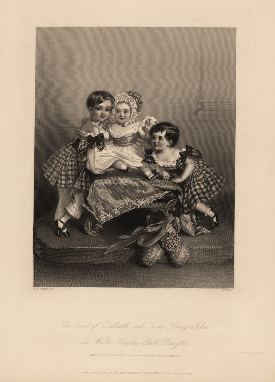 hrabě z Dalkeithu (William Henry), Henry John a Walter Charles Scott Douglas, syn 5. vévody z Buccleuchu, 7. vévody z Queensberry. Dva synové nosí tartanové šaty se stuhami, nejmladší má čepec a saténové šaty. Oceloryt H. Cook a od Alfred Edward (after) Chalon