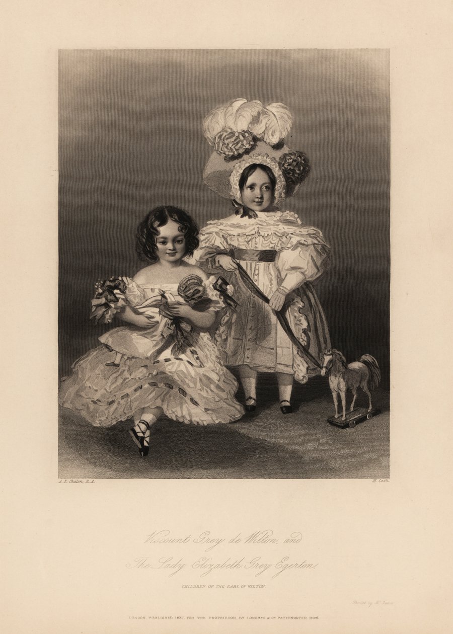 Vikomt Gray de Wilton a Elizabeth Gray Egerton, děti Thomase Egertona, 2. hraběte z Wiltonu. Dcera v prstýncích a nabíraných šatech drží panenku a syn v šatech a péřové čepici drží stuhu uvázanou na hračkářském koni. Ocelorytina od Henryho od Alfred Edward (after) Chalon