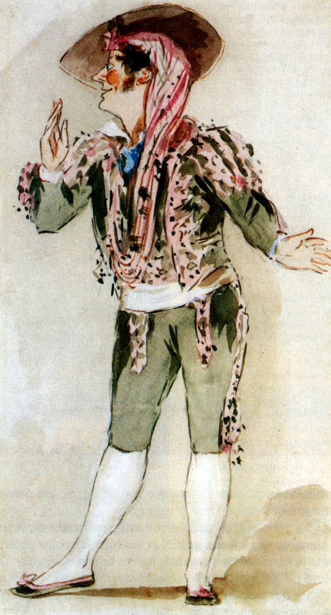 Carlo Zucchelli (1793-1879), italský bas, jako Figaro v opeře Gioacchina Rossiniho "Lazebník sevillský", akvarel od Alfred Edward Chalon