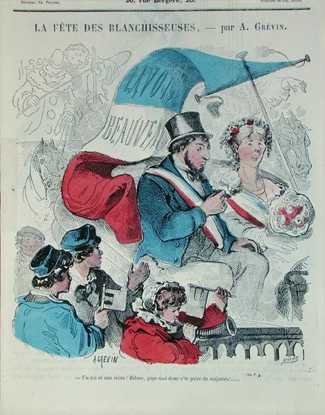 Kreslený film zobrazující „Fete des Blanchisseuses“, vyrytý Gillotem, kolem roku 1860 (barevná rytina) od Alfred (after) Grevin