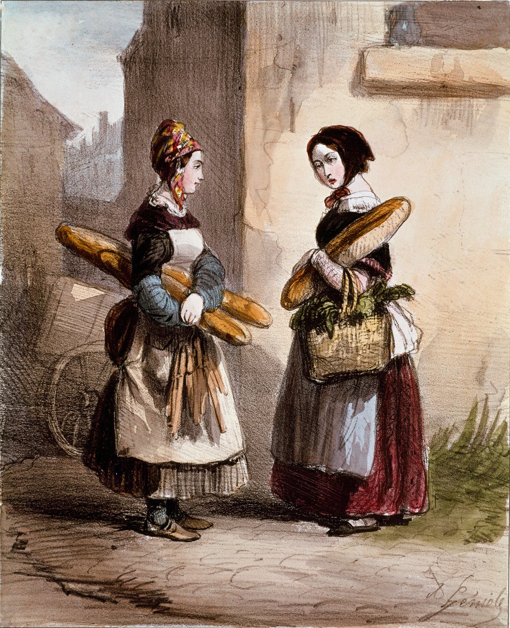 Malé metiery: pekárna. Mladý chodící obchodník s chlebem. Tisk Alfred Andre Geniole (1813-1861) z „Les femmes de Paris“ 1841-1842 Paříž, Musee Carnavalet od Alfred Andre Geniole