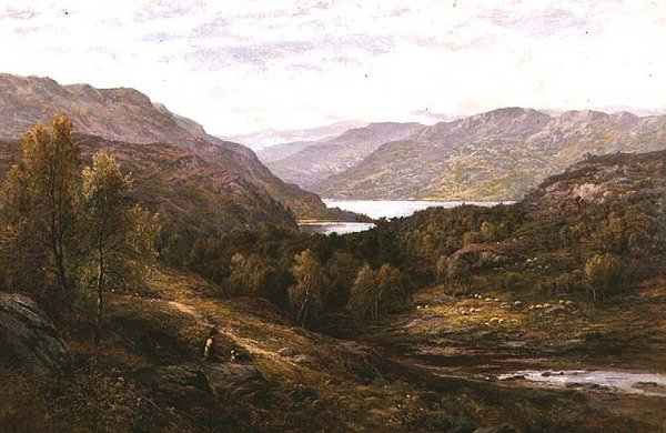 Pastýř se svým psem v krajině Vysočiny od Alfred Augustus Glendening