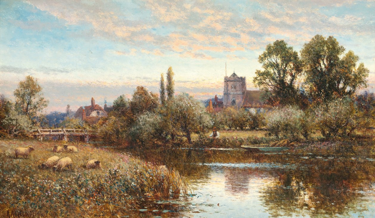 Ovce pasoucí se před kostelem Wrotham, soumrak od Alfred Augustus Glendening