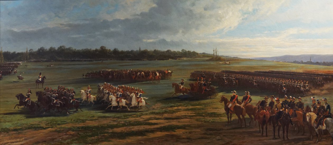 Recenze jezdecké divize Longchampské gardy Napoleonem III. a Rakouskem Františkem Josefem I., 25. října 1867 od Alfred Charles Ferdinand Decaen