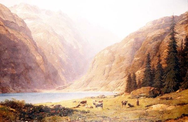 Hornatá jezerní krajina s dobytkem od Alfred Chavannes