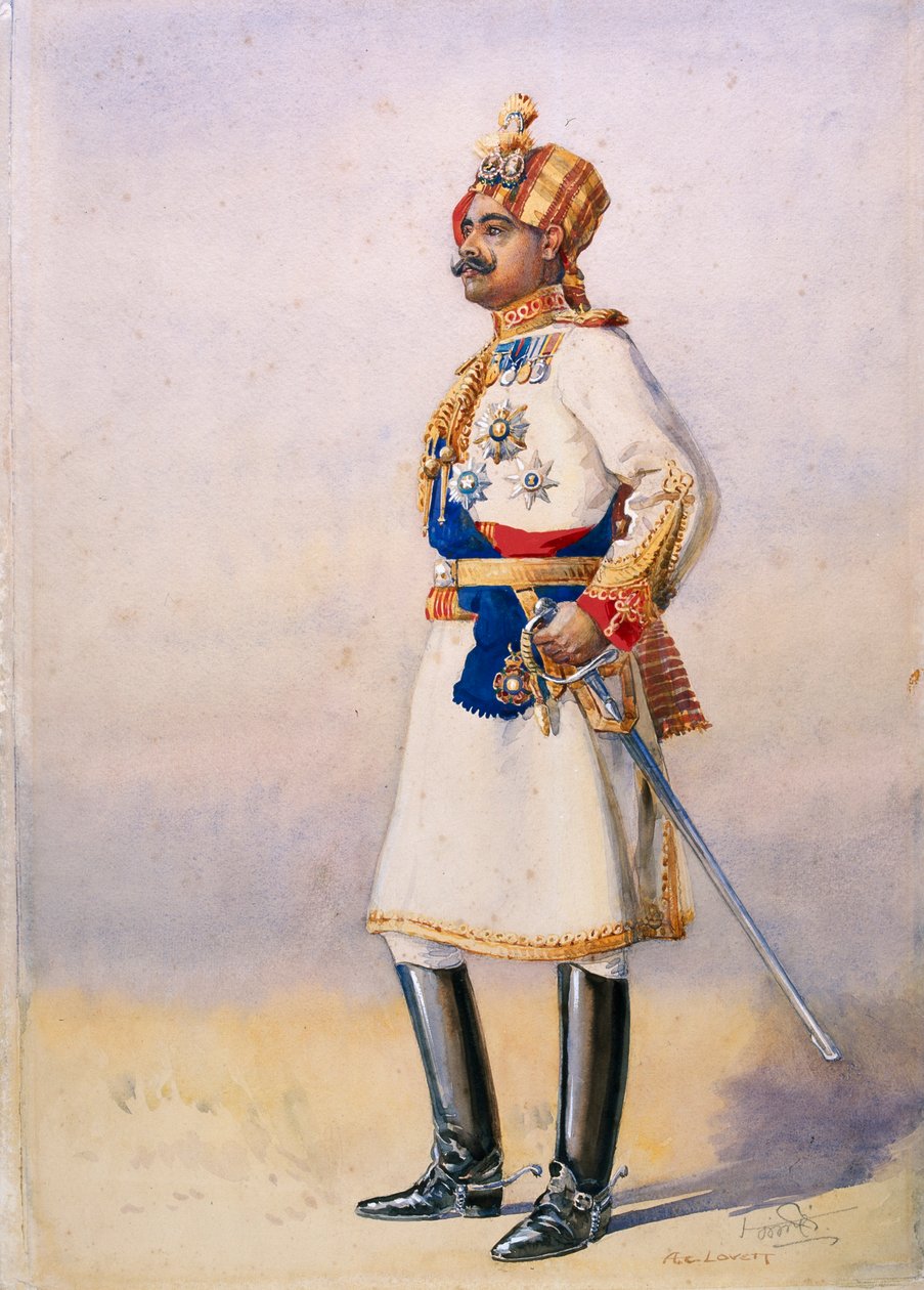 Ctihodný plukovník H.H. Maharaja Sir Ganja Singh, Bahadur z Bikaneru, ilustrace k „Armády Indie“ od majora G.F. MacMunn, publikoval v roce 1911 od Alfred Crowdy Lovett