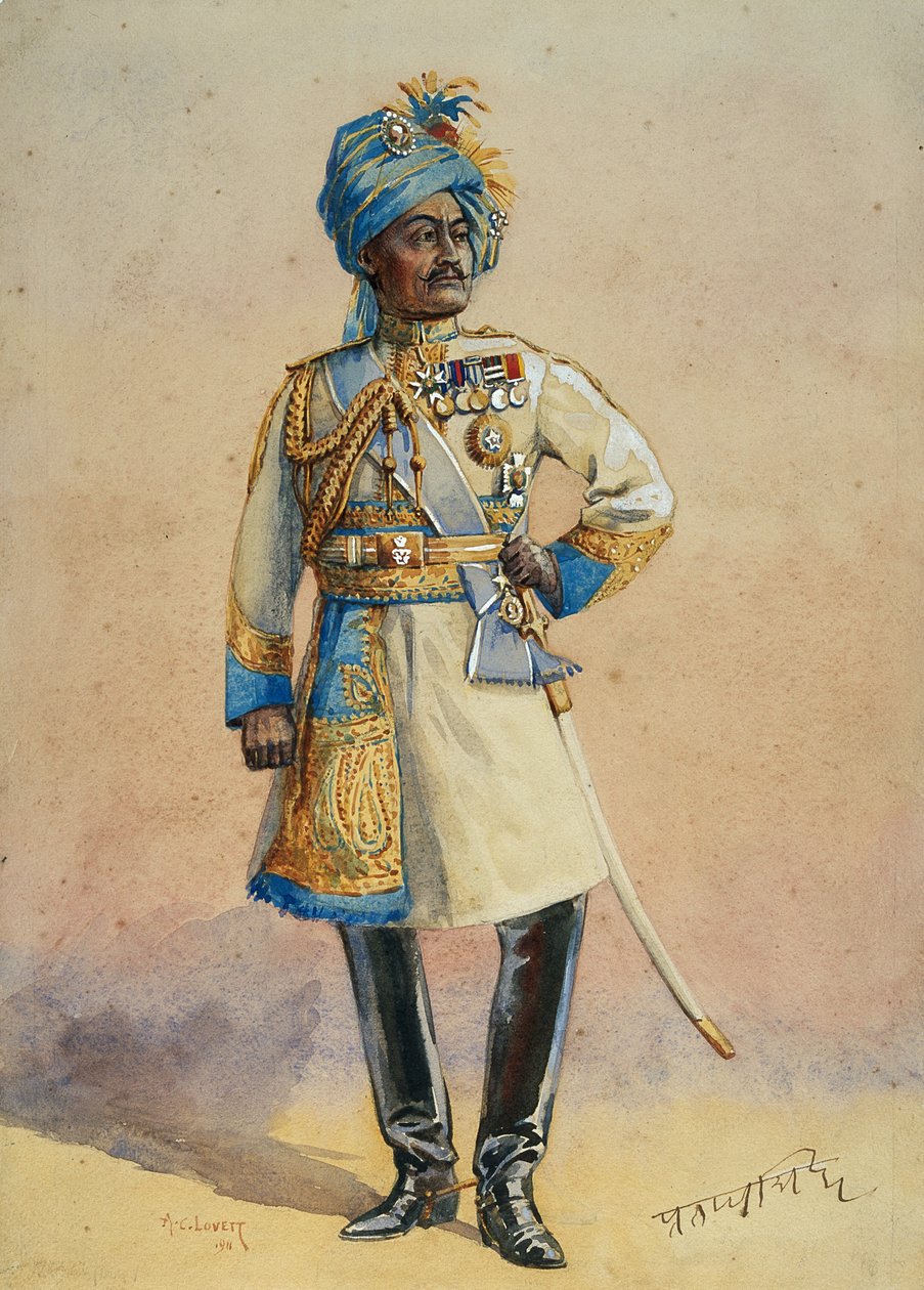 Hon generálmajor H.H. Mahárádža Sir Pratap Singh Bahadur, ilustrace k „Armády Indie“ od majora G.F. MacMunn, publikoval v roce 1911 od Alfred Crowdy Lovett