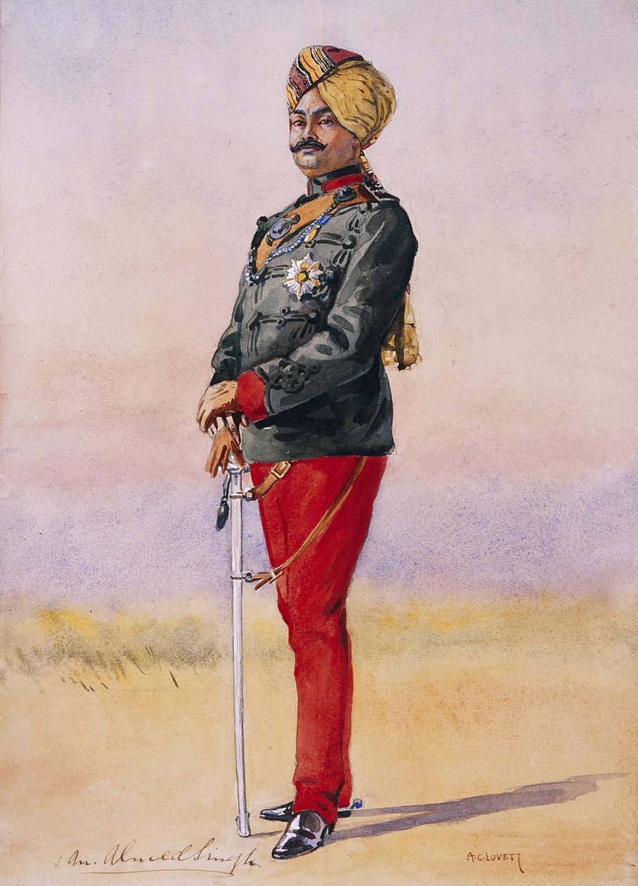 Čestný major H.H. Sir Umed Singh Bahadur, maháráo z Kóty, ilustrace pro "Armády Indie" od majora G.F. MacMunna, vydáno v roce 1911, 1908. od Alfred Crowdy Lovett