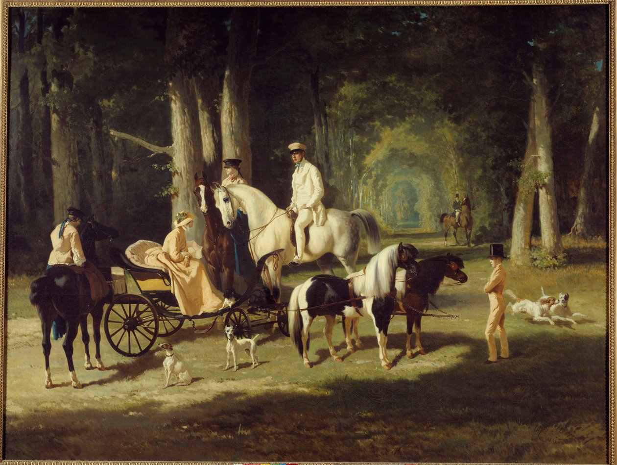 Manželé A. Mosselmanovi a jejich dvě dcery Procházejí se lesem na koni. Obraz Alfreda de Dreux (1810-1860) 1848 Ne. 2x2,65 m Paříž, muzeum Petite Palais od Alfred Dedreux