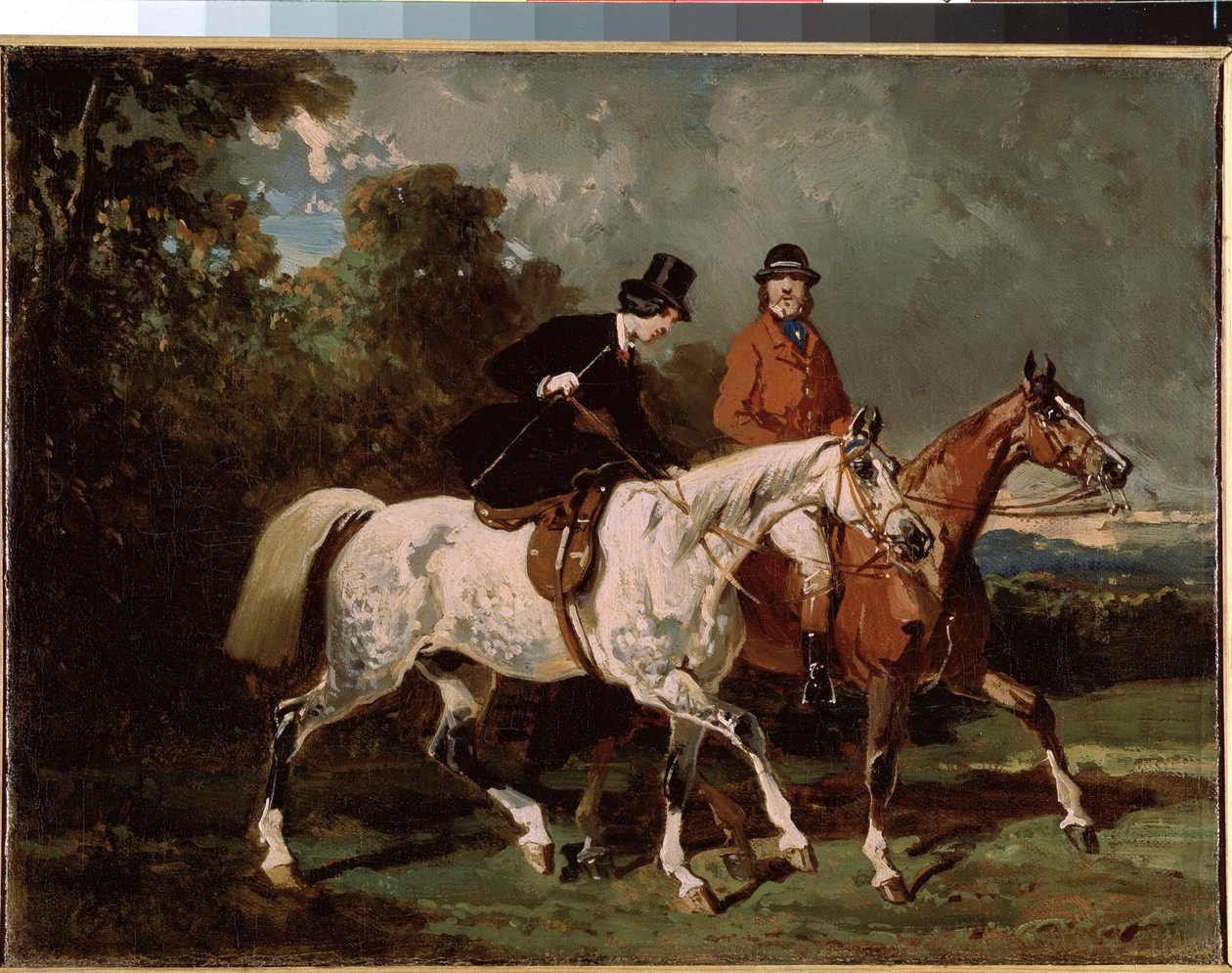 ""Jízda na koni"" (Jízda) Žena jede na bočním sedle. Obraz Alfreda de Dreux (1810-1860) 1840-1855 Rozměr 24x32 cm Petrohrad, poustevnické muzeum od Alfred Dedreux