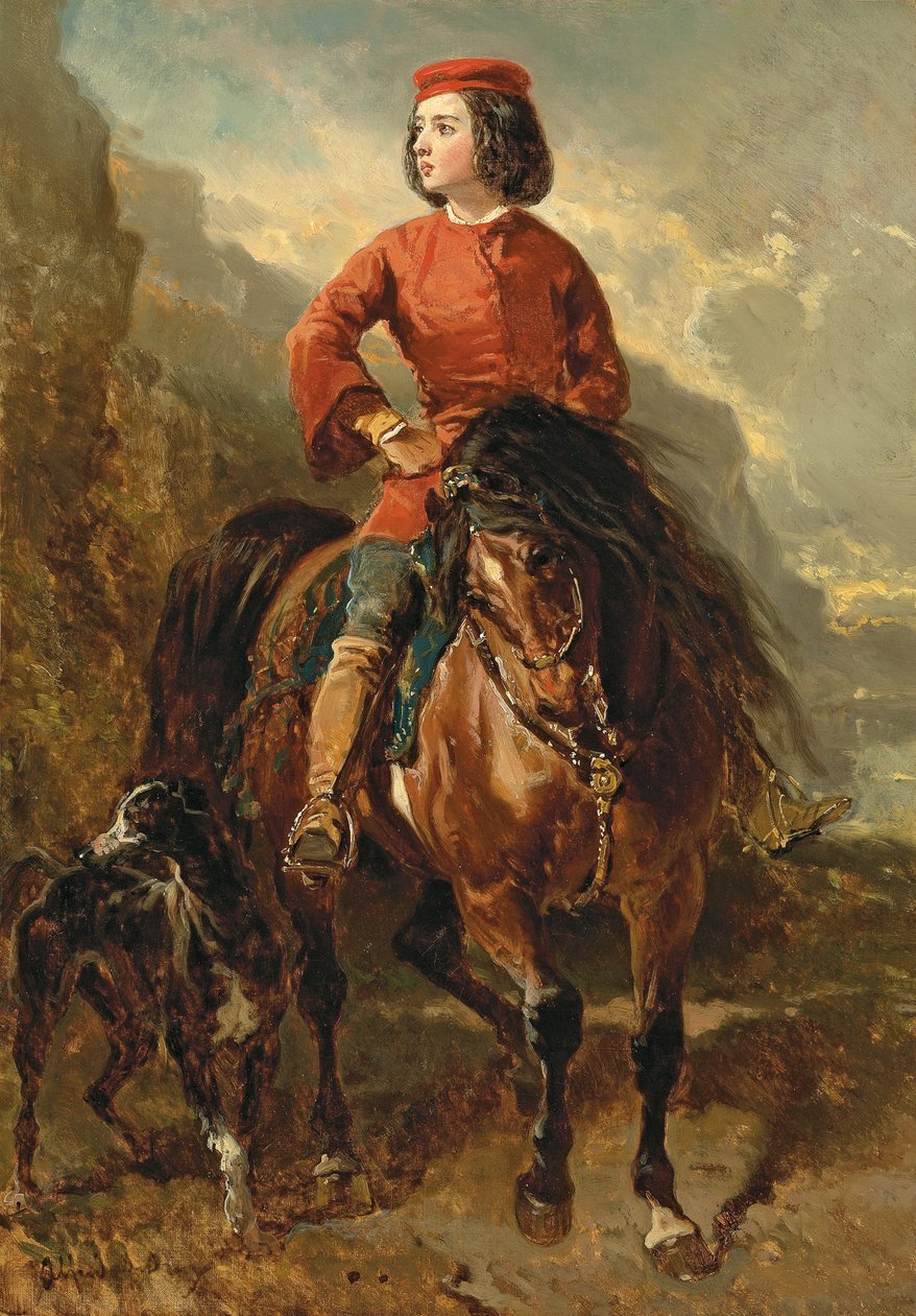 Mladý jezdec na Shetlandovi s chrtem; Jeune cavalier montant un shetland et levrier, 19. století od Alfred Dedreux