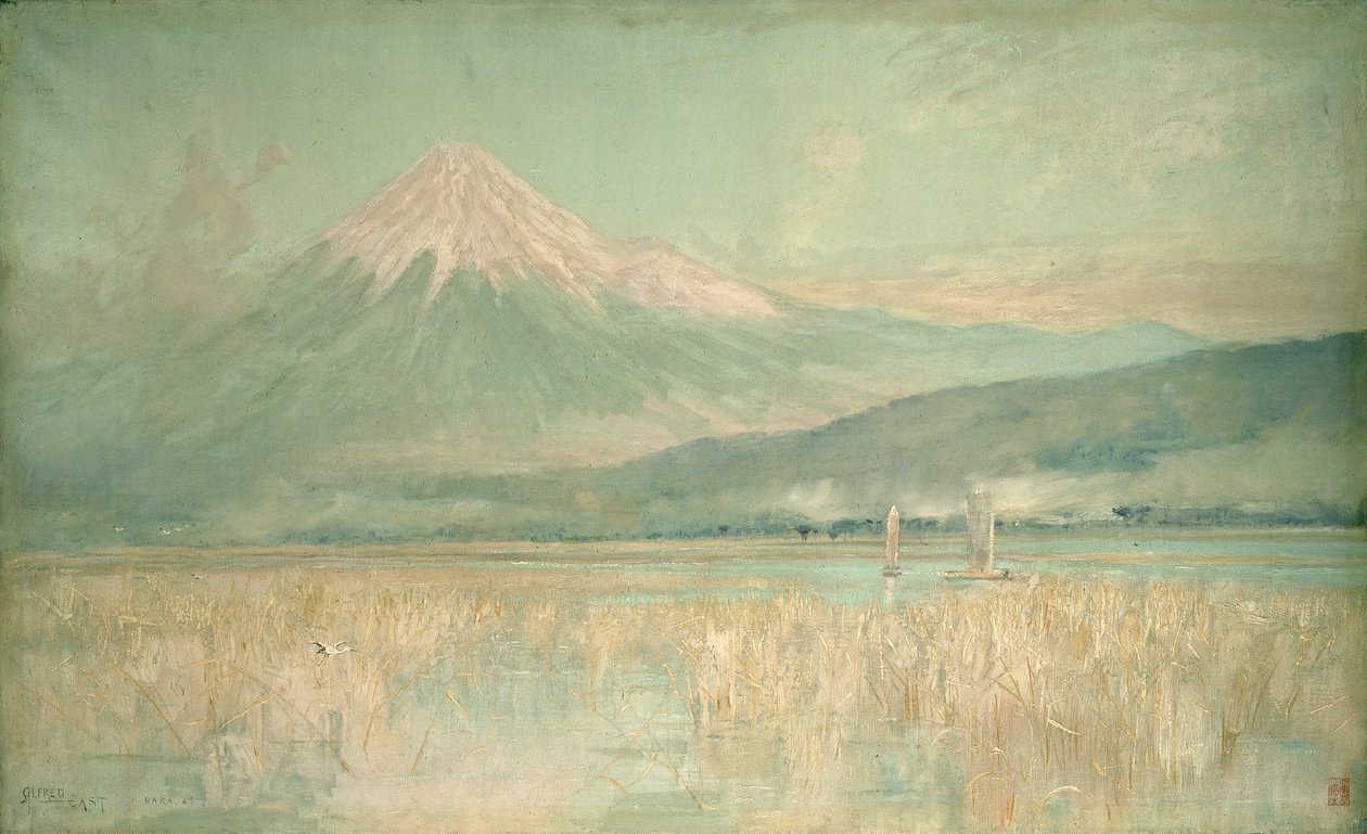 Svítání na posvátné hoře, slunce Fuji napůl skryté v oblacích, 1889 od Alfred East