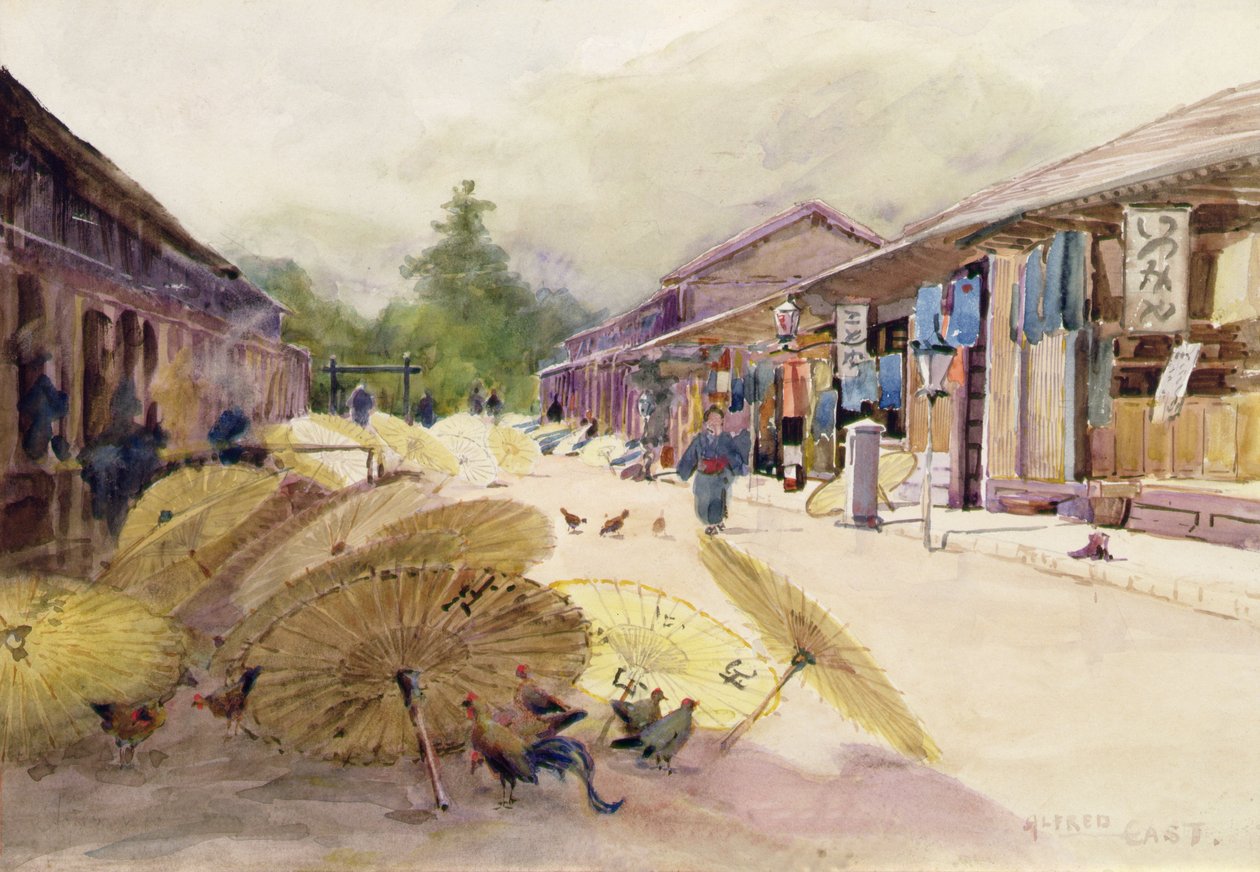 Sušení deštníků po dešťové bouři, kolem roku 1889 (akvarel na papíře) od Alfred East