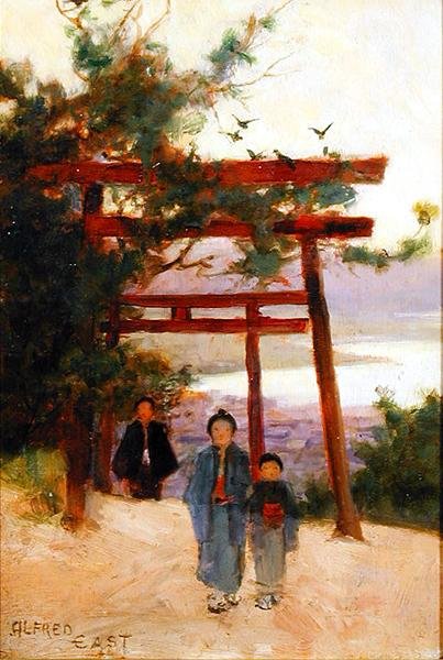 Shin-to Shrine in the Woods, kolem roku 1889 (olej na panelu) od Alfred East