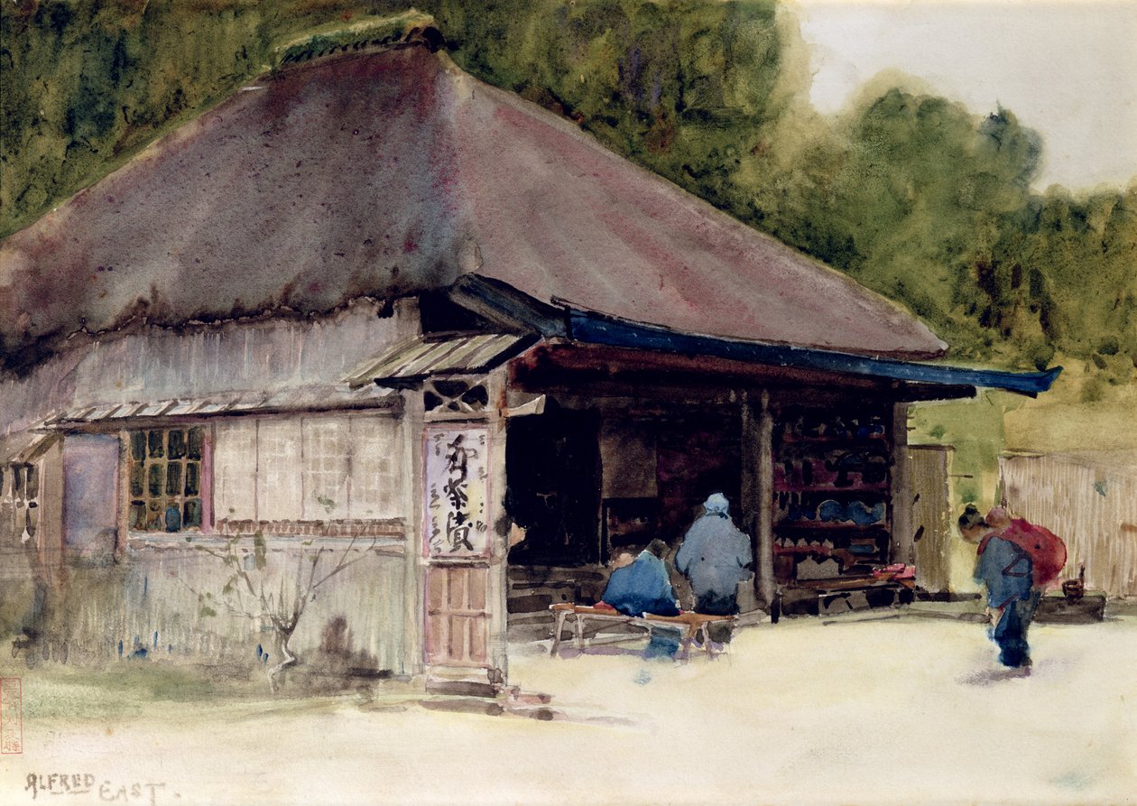 Čajovna ve vesnici Hakone, kolem roku 1889 (wc a tužka na papíře) od Alfred East