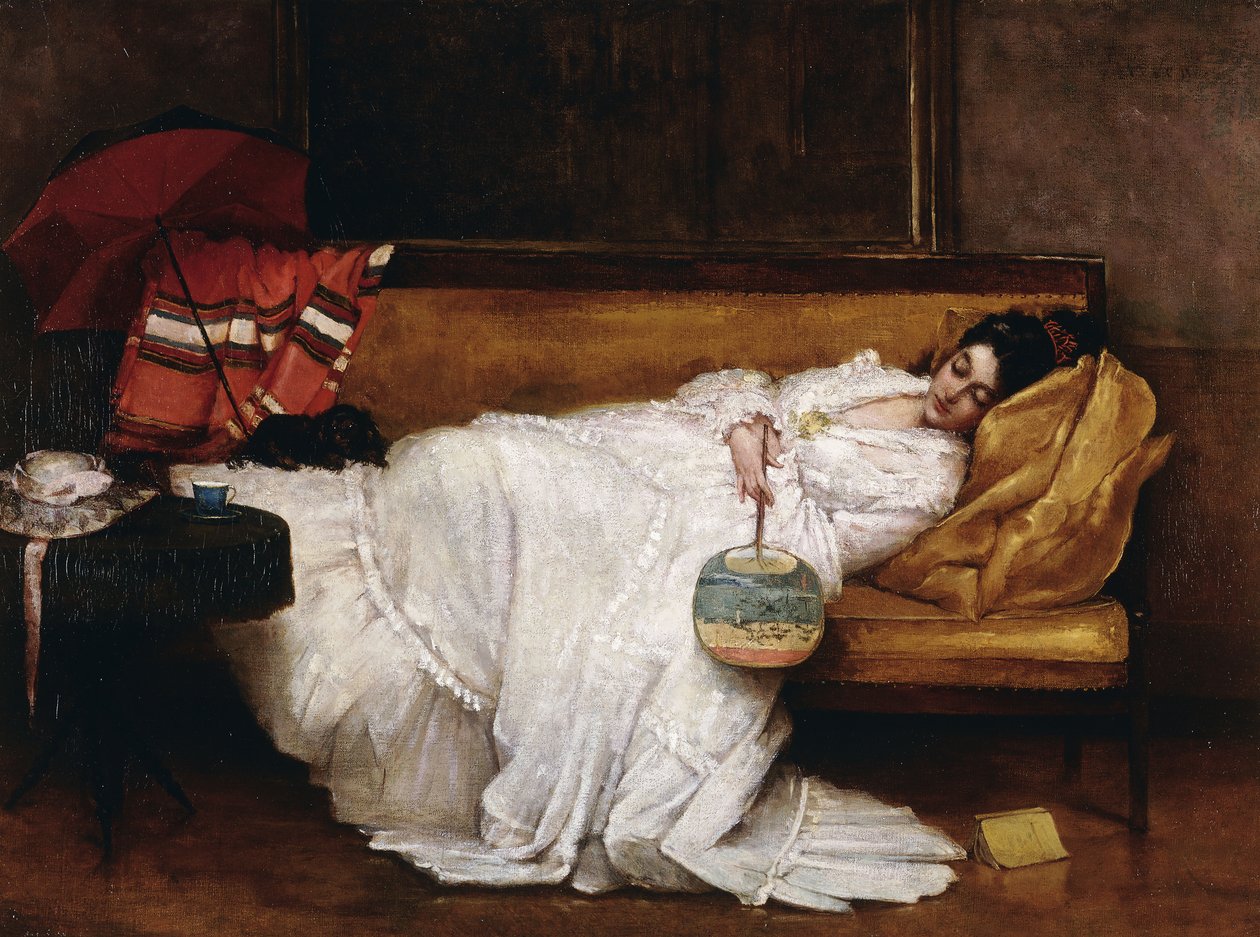 Dívka s japonským fanouškem spí na pohovce, od Alfred Emile Stevens