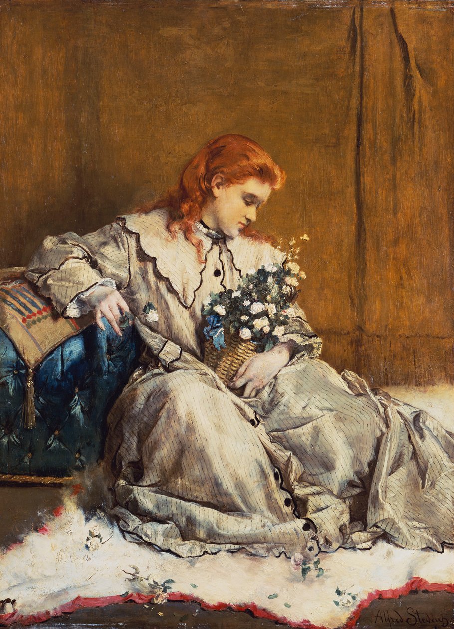 Daydream, mladá rusovláska s modrým osmanským od Alfred Emile Stevens