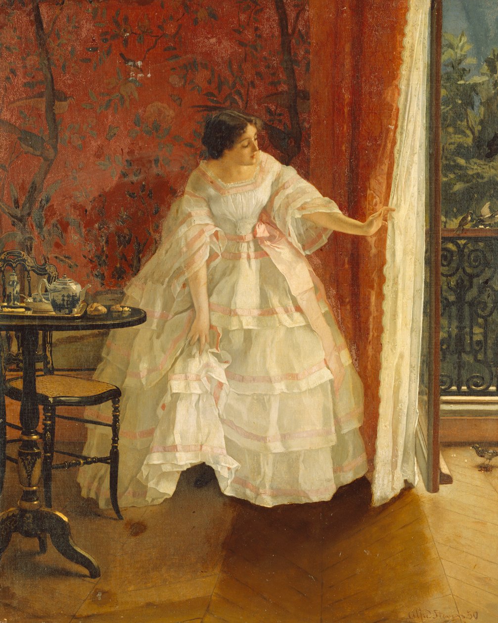 Dáma u okna krmení ptáků, c.1859 od Alfred Emile Stevens
