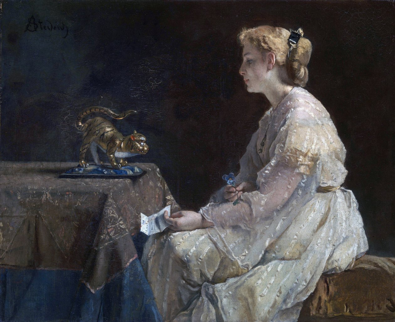 "Současnost"" Mladá žena objevující sošku kočky - Obraz Alfreda Stevense (1823-1906) kolem roku 1870 Londýnská národní galerie od Alfred Emile Stevens
