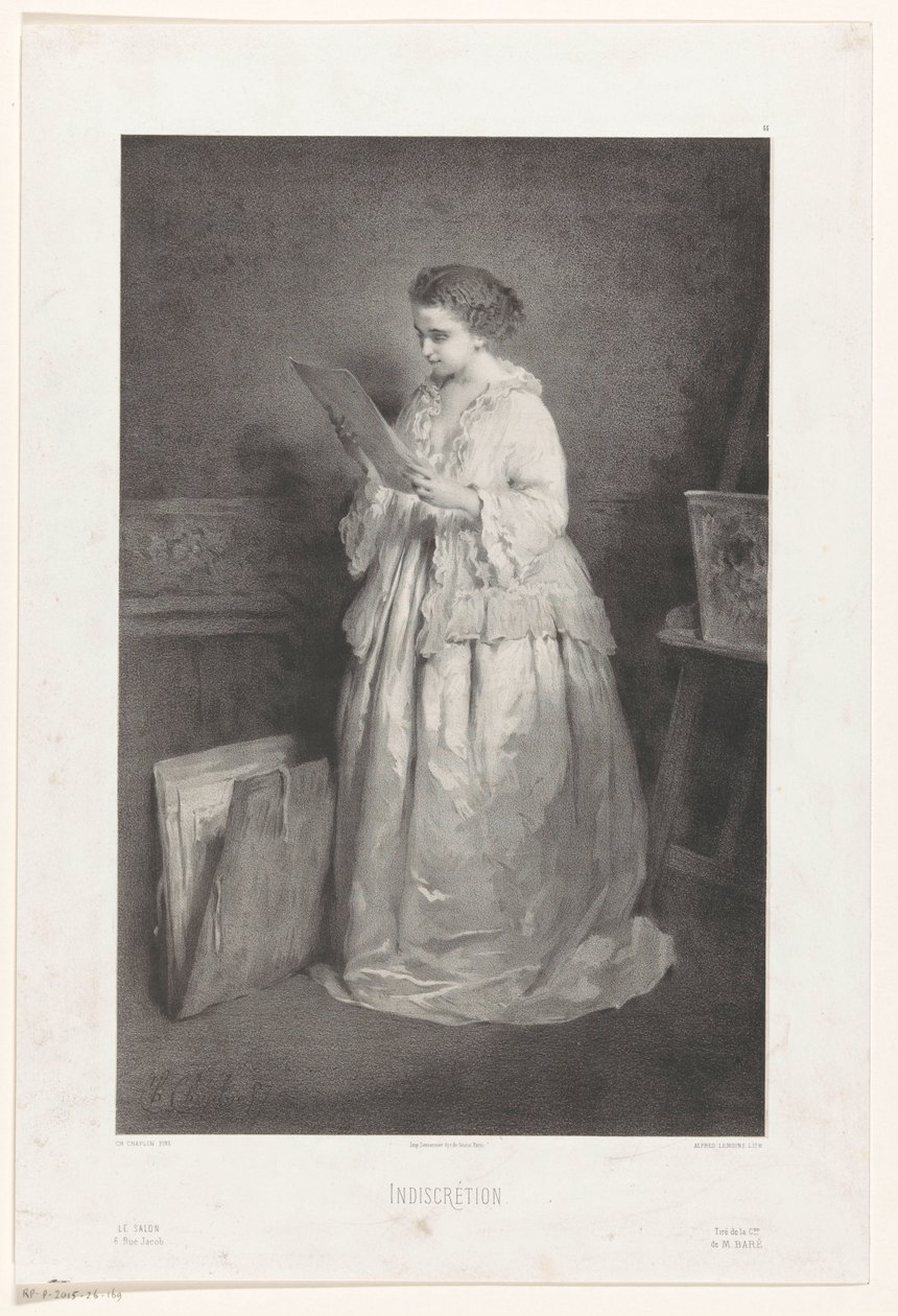 Mladá žena při pohledu na tisk nebo kresbu Nediskrétnost (název na předmětu) od Alfred François Lemoine