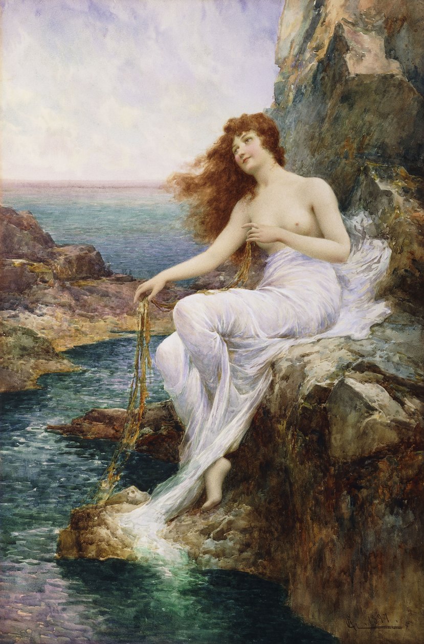 Mořská nymfa sedící na skále se stuhou z mořských řas, 1897 od Alfred Glendening
