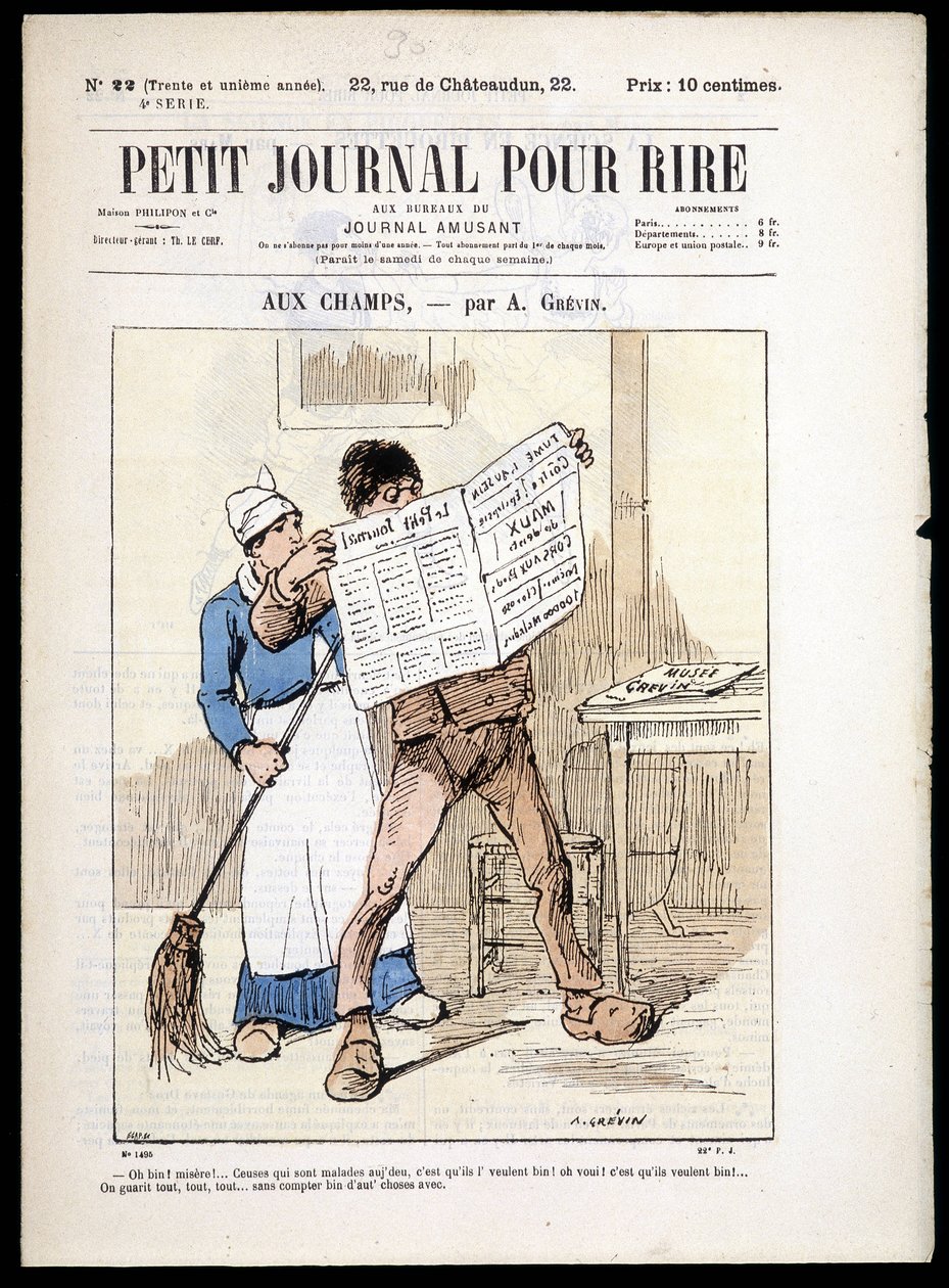 Muž čtoucí noviny: “”” aux Champs”” od A. grévin- v “”Le Petity Journal pour rire”” n¡22, n.d. od Alfred Grevin