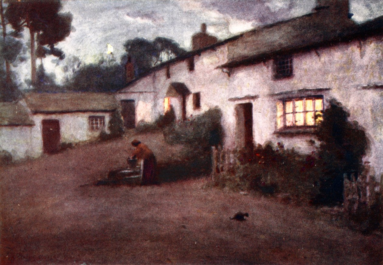 Moonlight and Lamplight - Consiton Village, z portfolia tisků z původních akvarelů, kolem roku 1920 od Alfred Heaton Cooper