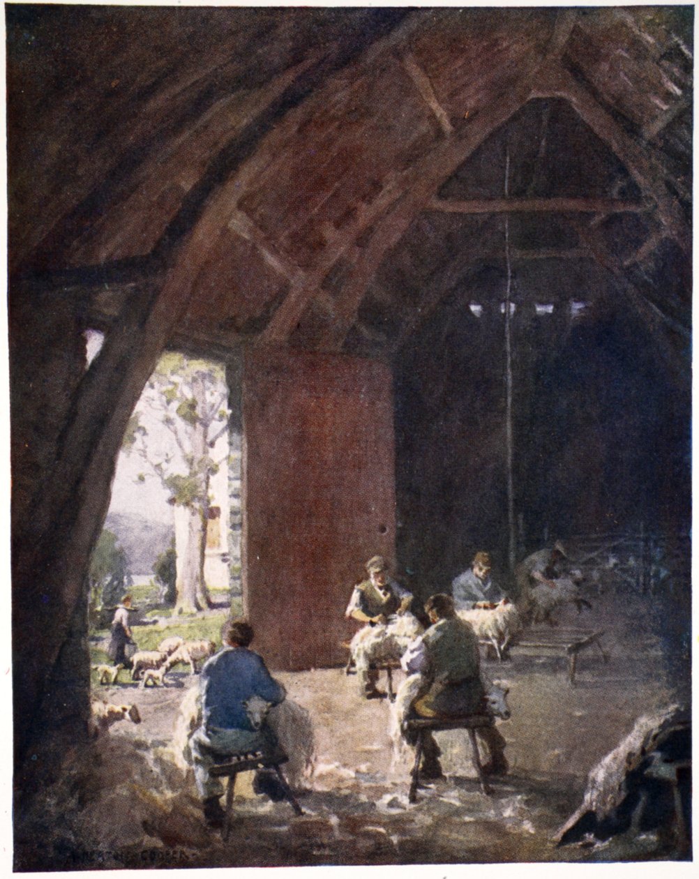 Sheepshearing, Esthwaite Hall Farm, z portfolia tisků z původních akvarelů, kolem roku 1920 od Alfred Heaton Cooper