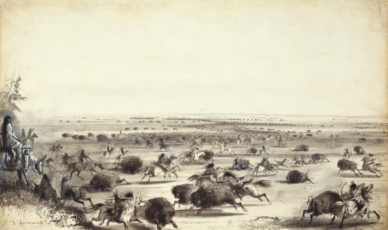 „Obklopení“ Buffala od indiánů, kolem roku 1858 (perte na papíře) od Alfred Jacob Miller