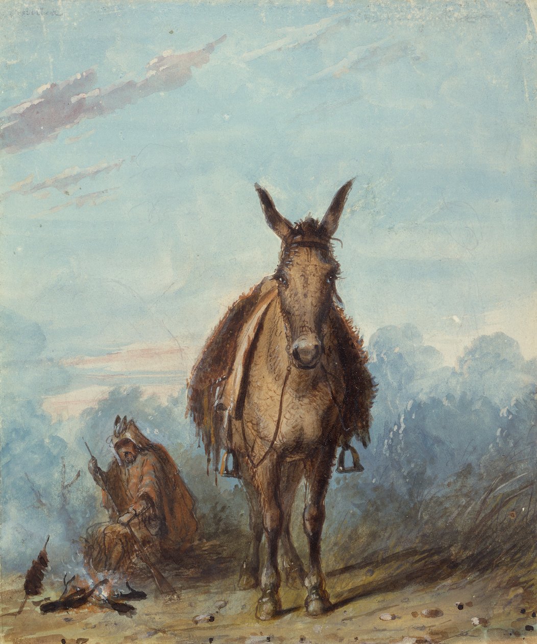 Trapper in His Solitary Camp, kolem roku 1837 (akvarel na papíře) od Alfred Jacob Miller