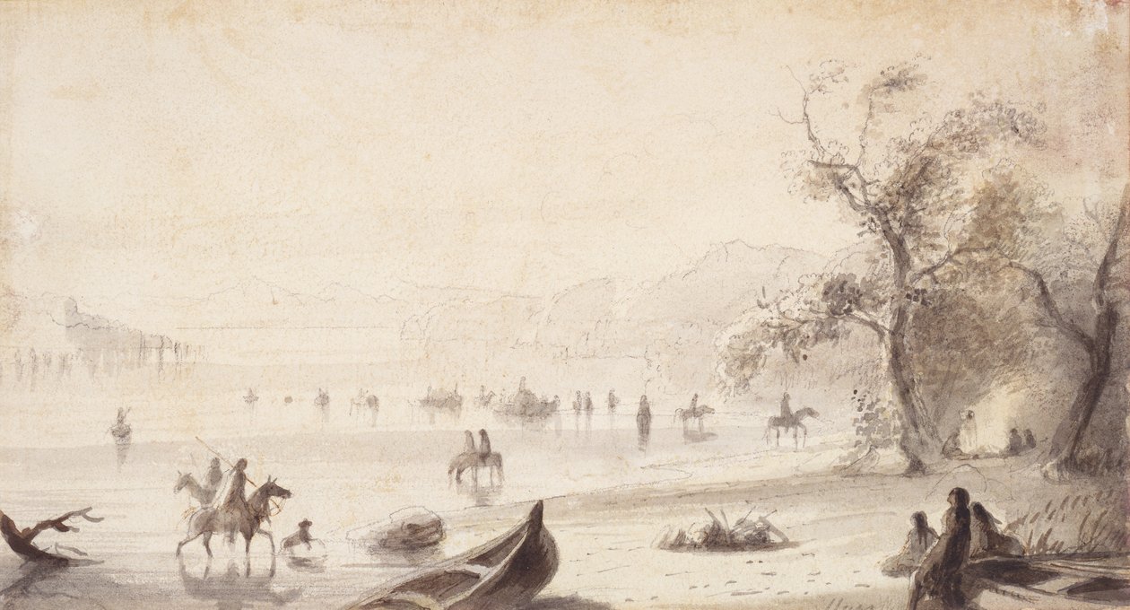 Bull Boating Across the Platte, c.1837 (kresba na papíře) od Alfred Jacob Miller