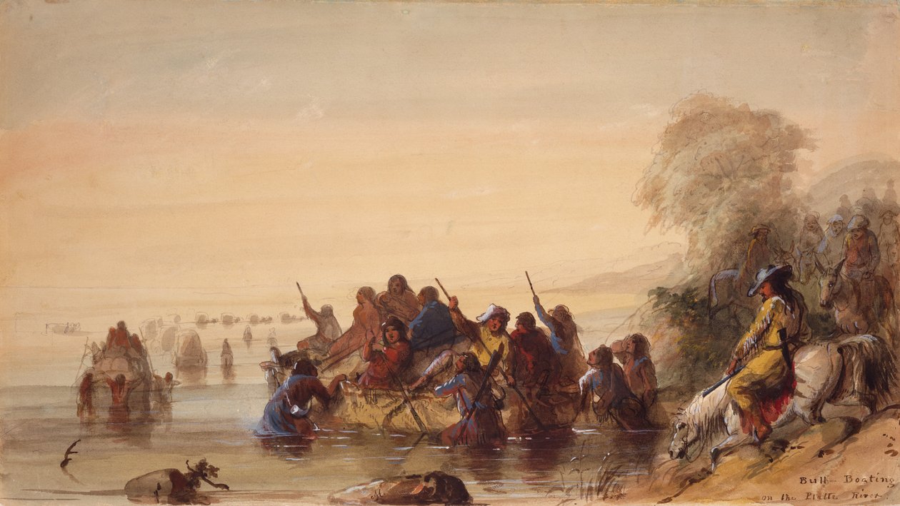 Býčí plavba na řece Platte, kolem roku 1837 (akvarel na papíře) od Alfred Jacob Miller