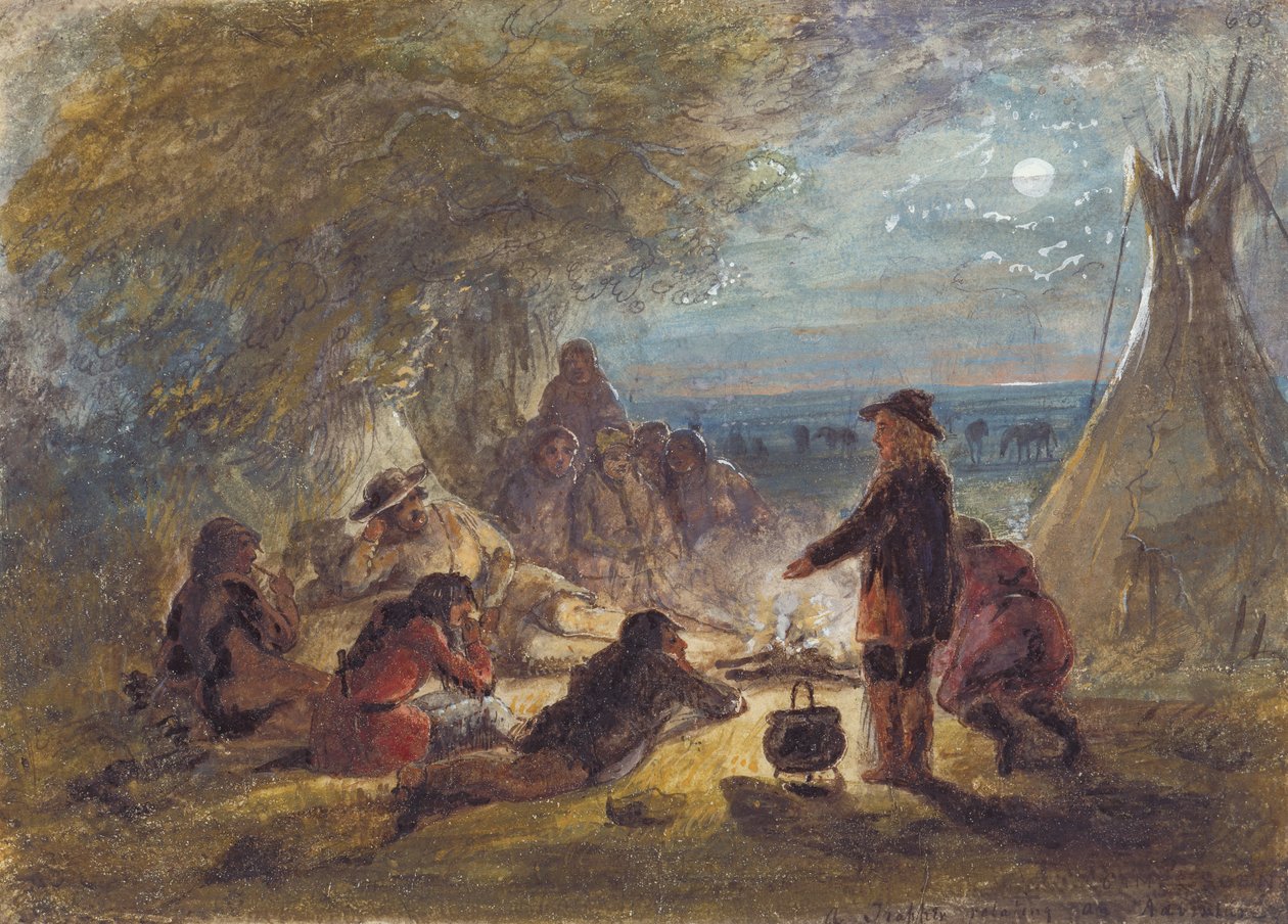 Táborový oheň v noci; Trapper Relating an Adventure, cca 1858 (tužka, pero a inkoust, akvarel a kvaš na papíře) od Alfred Jacob Miller
